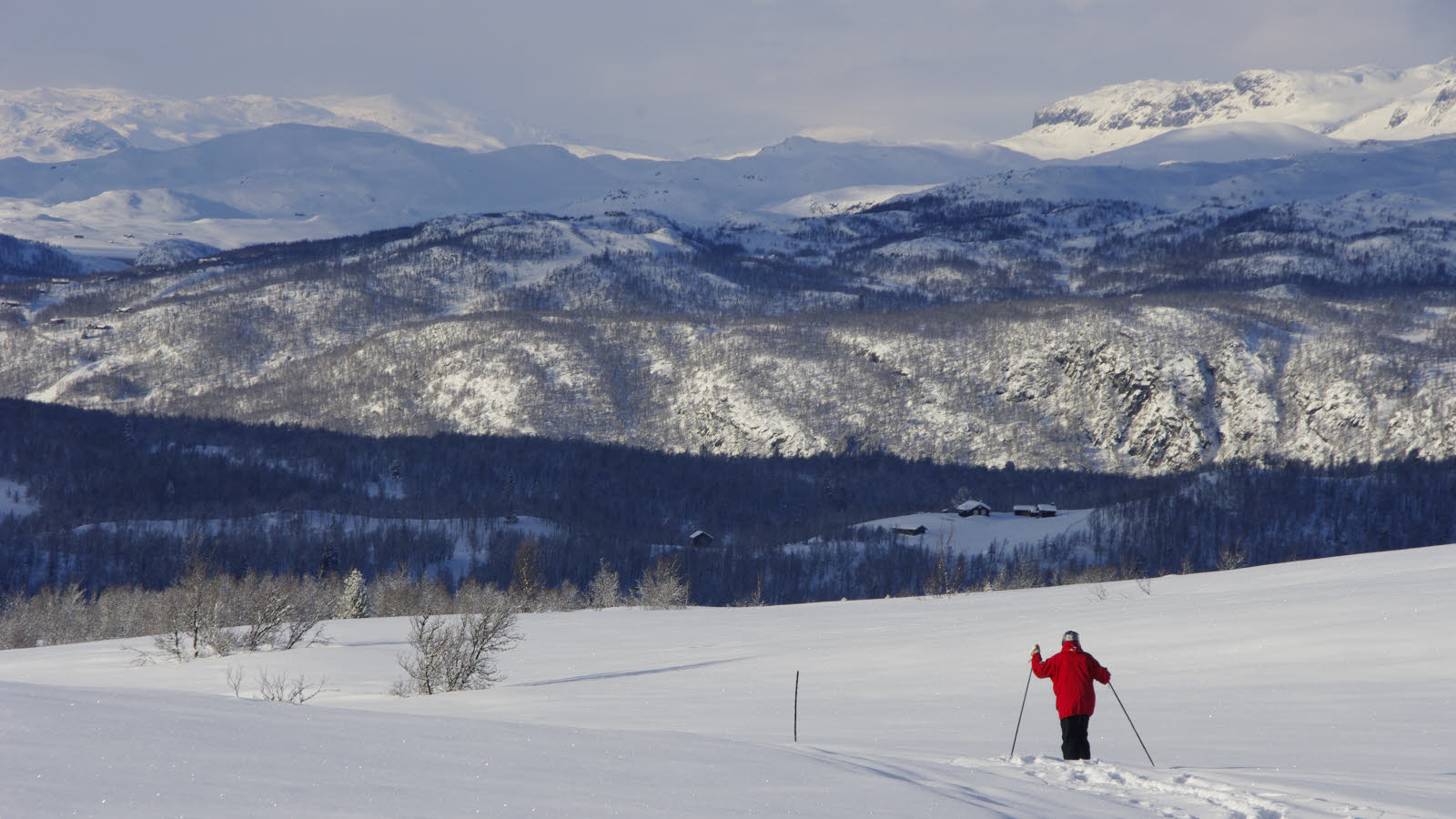 A person skiing in a snowy landscape in Hallingdal.