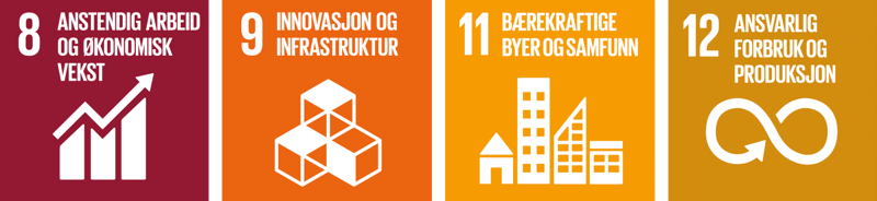 Ikoner for &aring; symoblisere anstendig arbeid og &oslash;konomisk vekst, innovasjon og infrastruktur, b&aelig;rekraftige byer og samfunn og ansvarlig forbruk og produksjon.