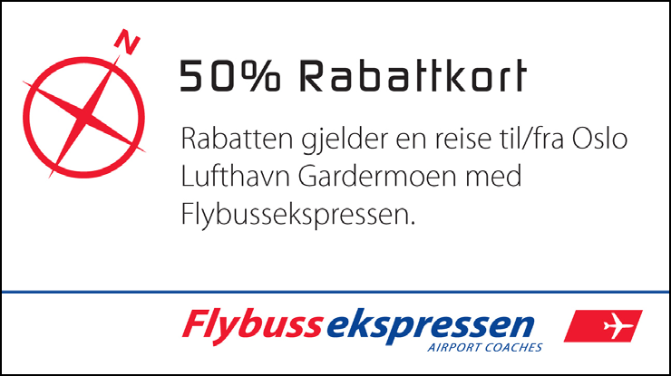 Rabattkupong för utskrift. Kupongen gäller en resa till/från Oslo flygplats, Gardermoen, med Flybussekspressen