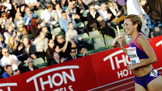 Ingvill Måkestad Bovim competing in a track and field competition at Bislett Stadium
