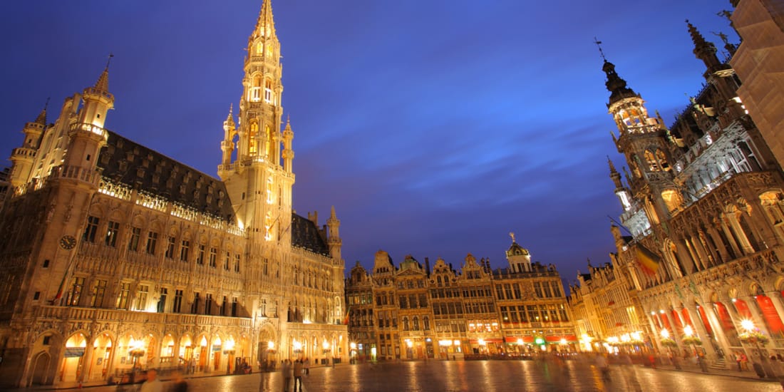 Evening falls on the Grand Place in the heart of historic Brussels