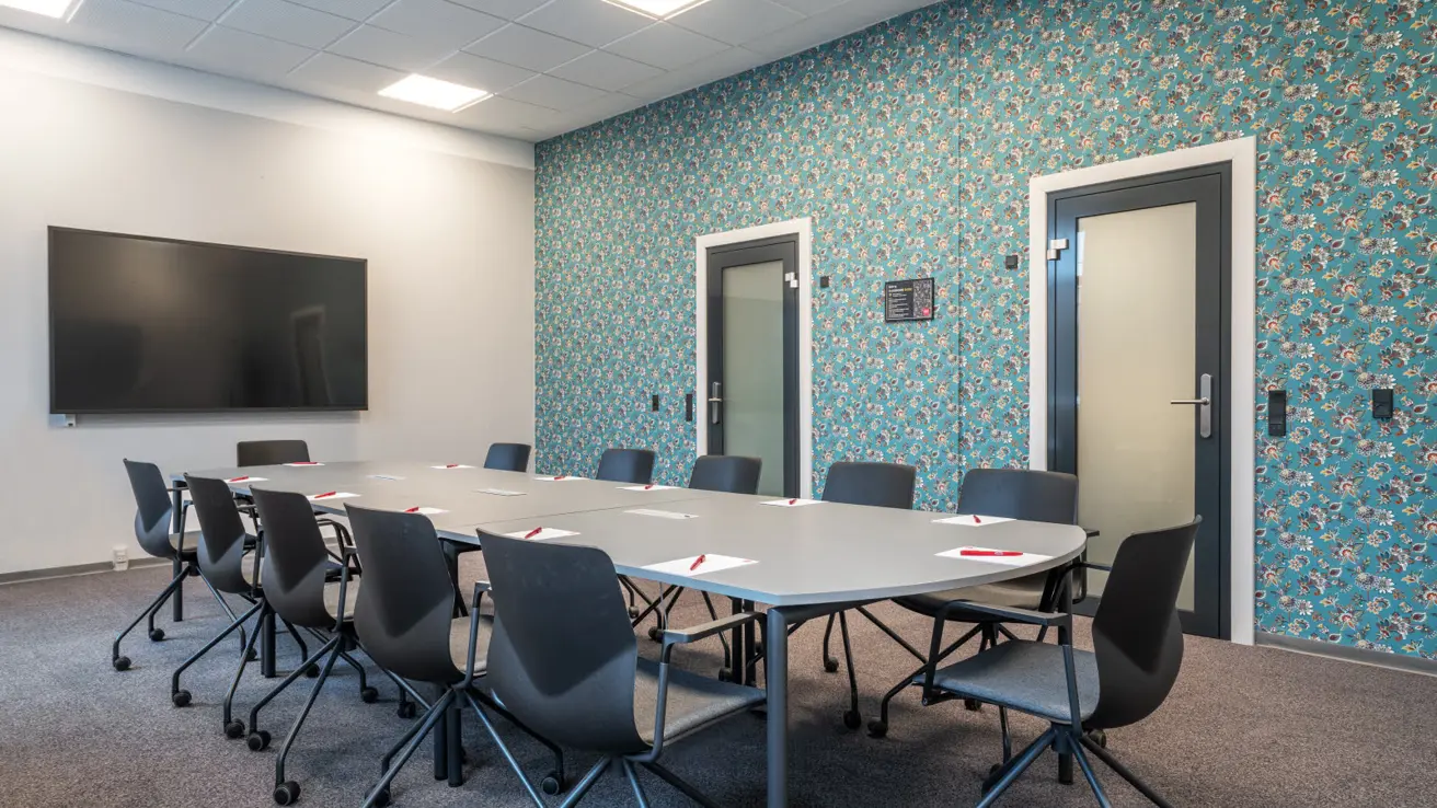 Table de pilotage avec 12 chaises de bureau noires sur roulettes tout autour. Papeterie sur la table. Écran de télévision sur un petit mur. Long mur avec papier peint bleu et des fleurs dessus. Deux portes vitrées sur le long mur. Moquette au sol.