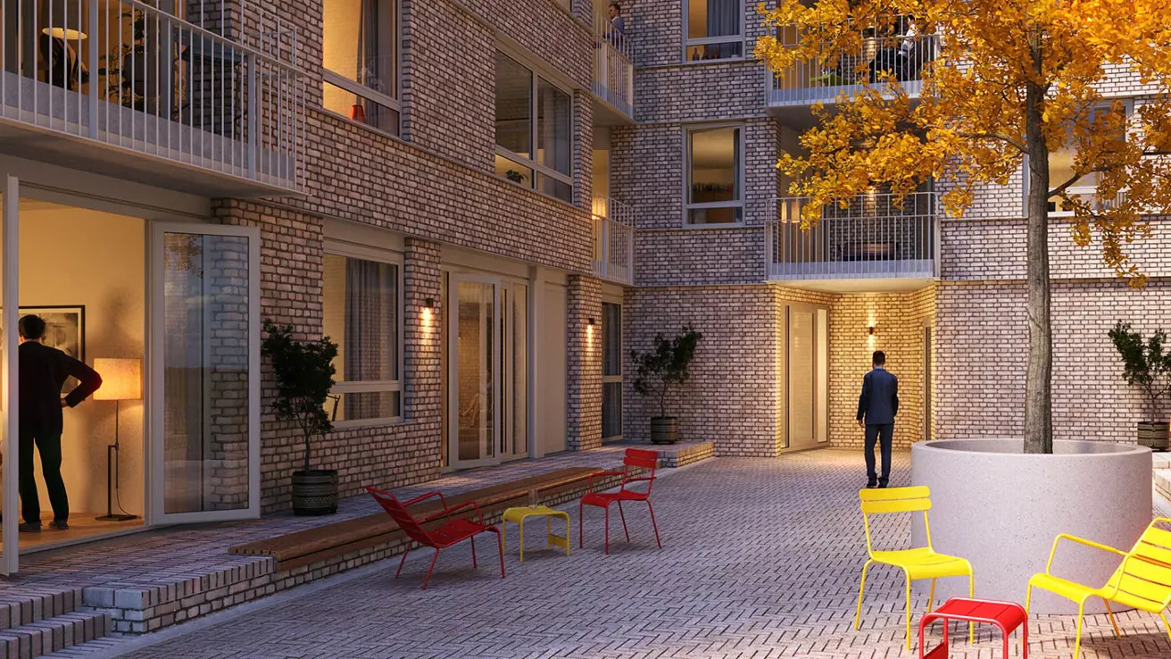3D-bilde av båkgård på Hulstkamp apartments