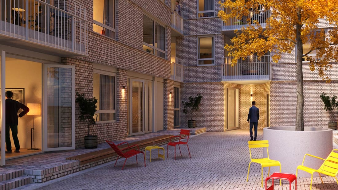 3D-billede af baggård i Hulstkamp apartments