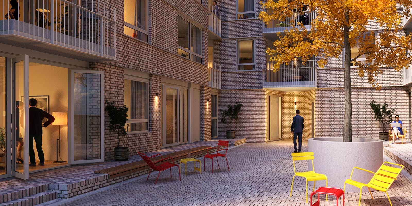 3D-bild av bakgård på Hulstkamp Apartments