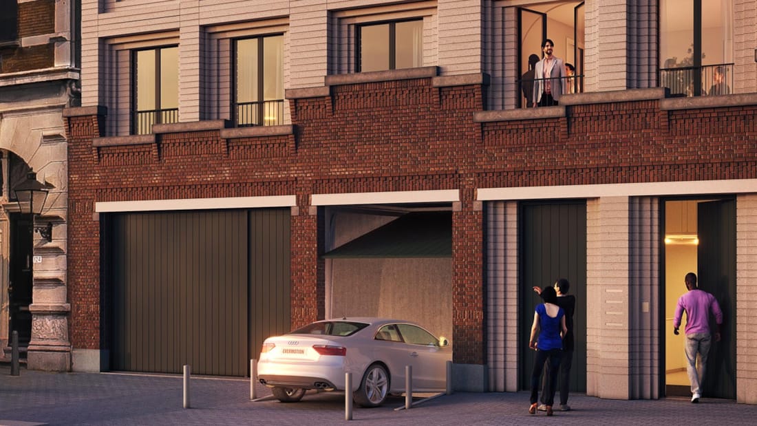 3D-bild av bil som kör in i parkeringshus i Hulstkamp Apartments