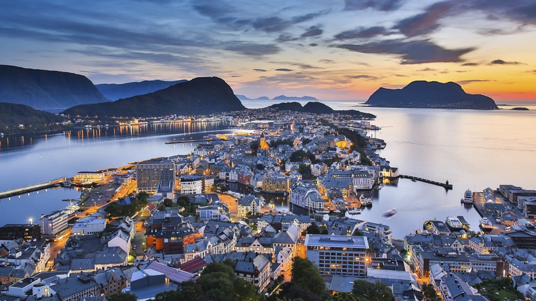 Scenic view over Ålesund in Norway at evening time