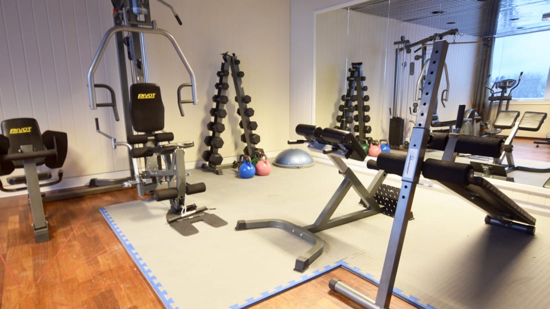 Fitness-rum med forskellige træningsmaskiner på Hotel Andrikken i Andesnes