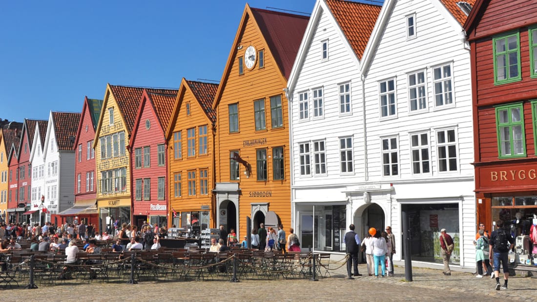 Outdoor restaurants along the waterfront in Bergen