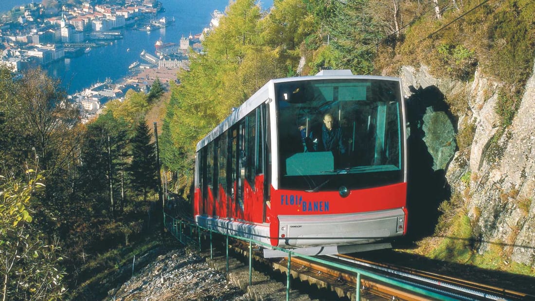 The red funicular railway in Bergen.