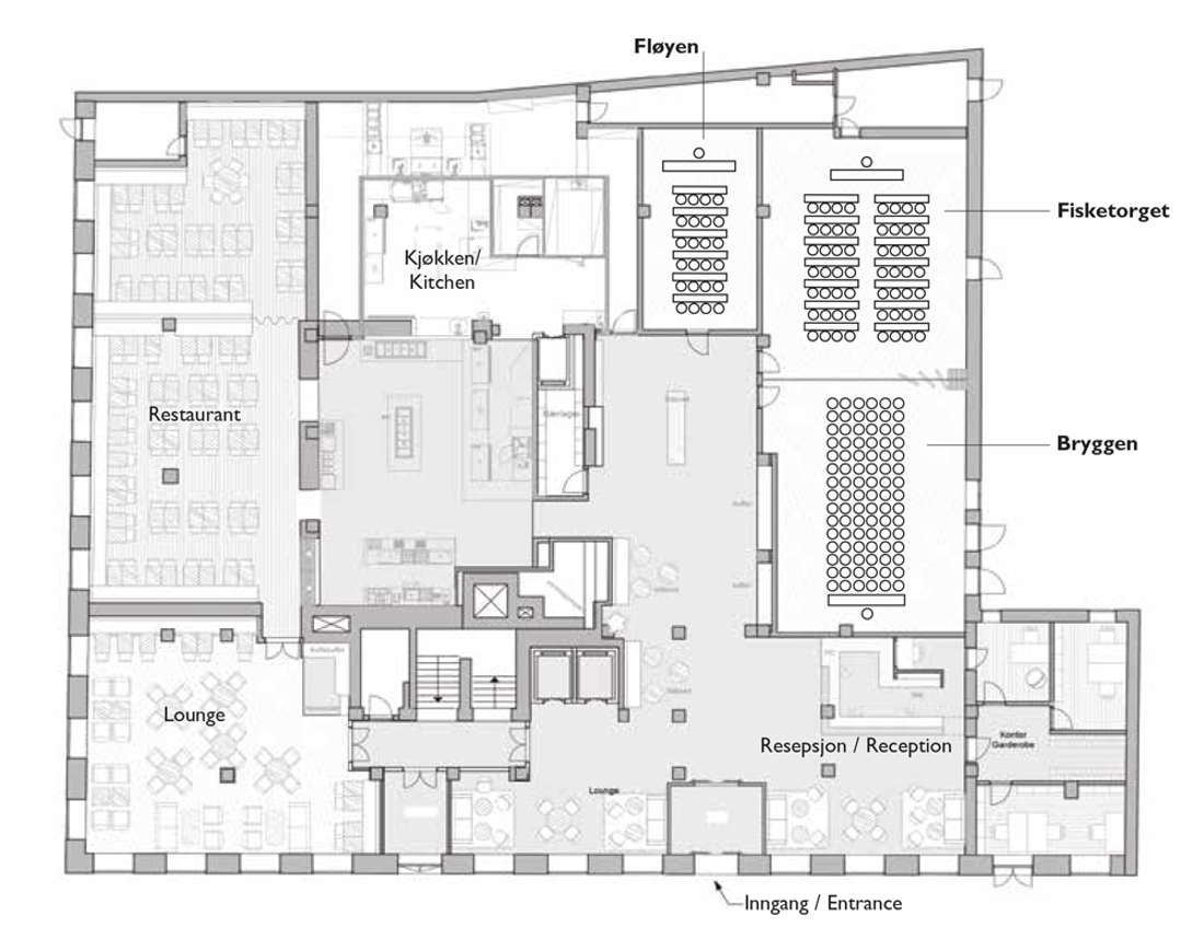 Plantegning over 1. etasje i konferanseavdelingen på Thon Hotel Rosenkrantz Bergen