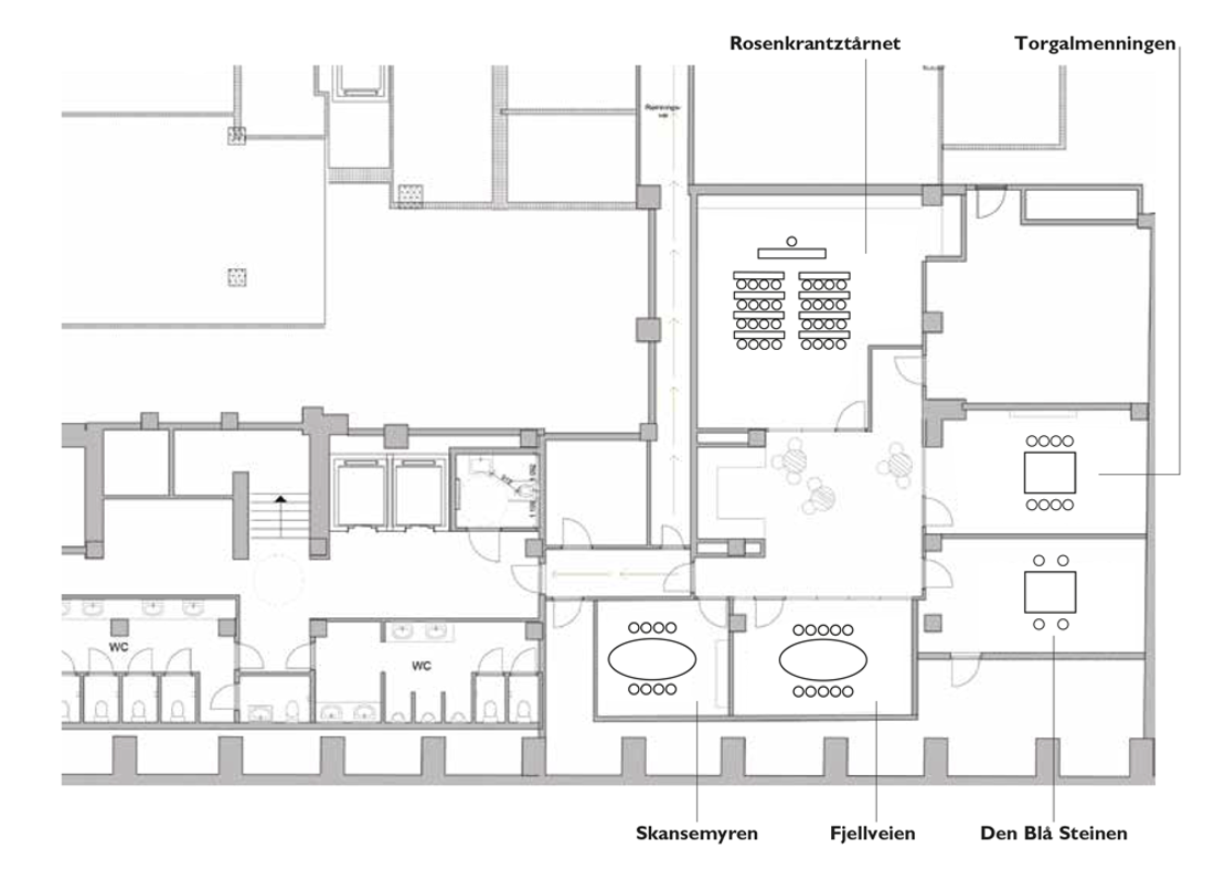 Plantegning over underetasjen i konferanseavdelingen på Thon Hotel Rosenkrantz Bergen