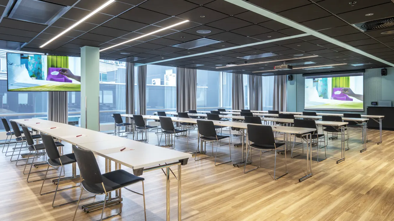 Meeting room with classroom layout at Thon Hotel Oslo Airport.