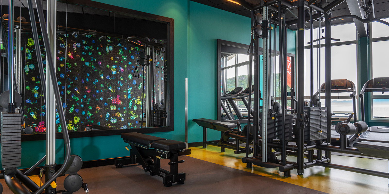 Vekter, tredemøller med utsikt i treningsrommet på Thon Hotel Harstad
