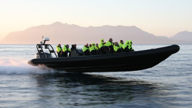 Rib-Boot mit Menschen, die in Harstad auf dem Wasser fahren