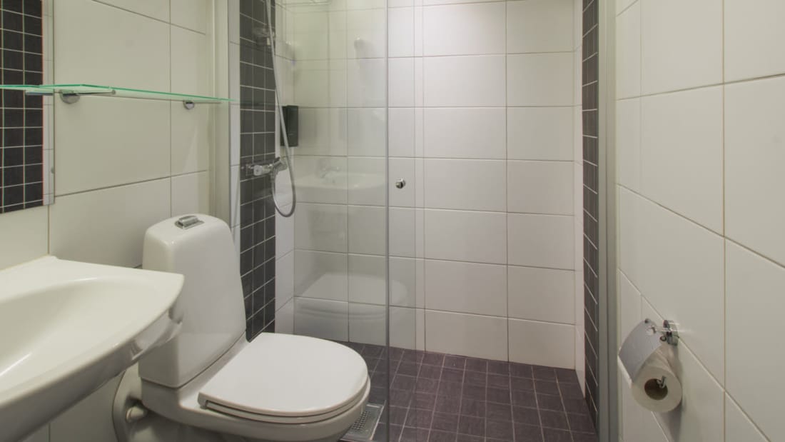 Badeværelse med toilet og håndvask i dobbeltværelse og twin-værelse på Hotel Horten