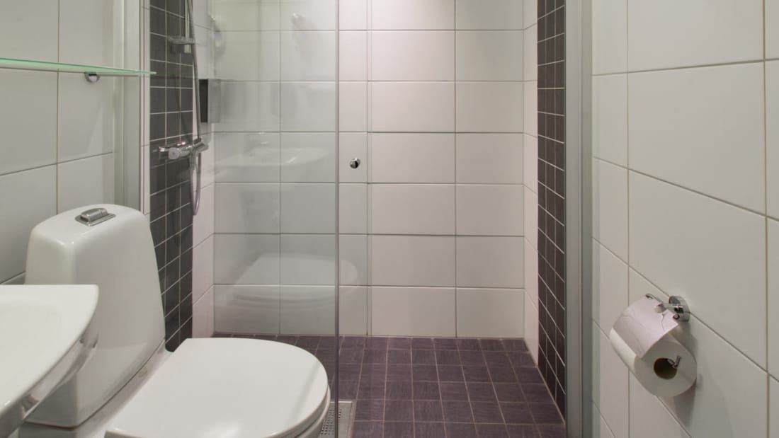 Badeværelse med toilet og håndvask i dobbeltværelse og twin-værelse på Hotel Horten