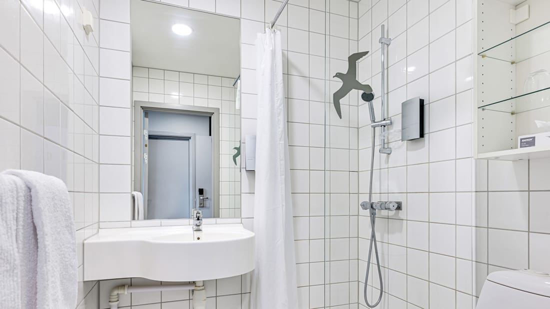 Badrum med toalett, handfat och dusch