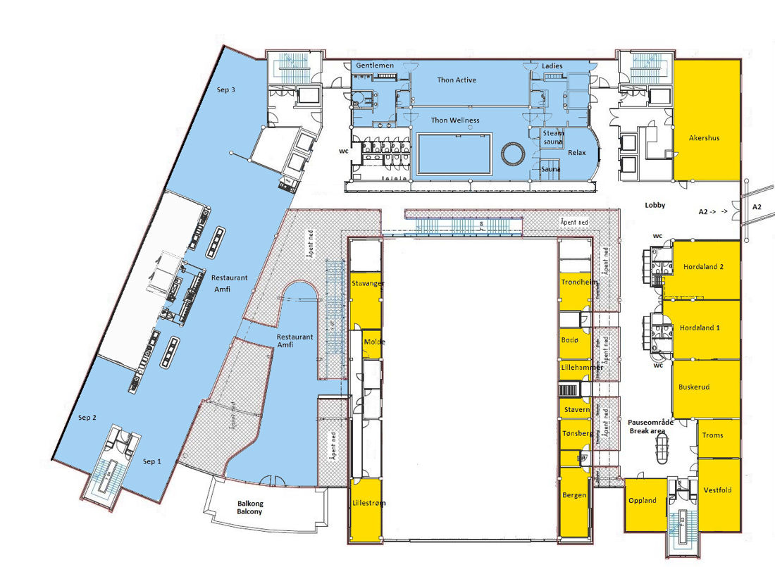 Plantegning over 2. etasje i konferanseavdelingen på Thon Hotel Arena