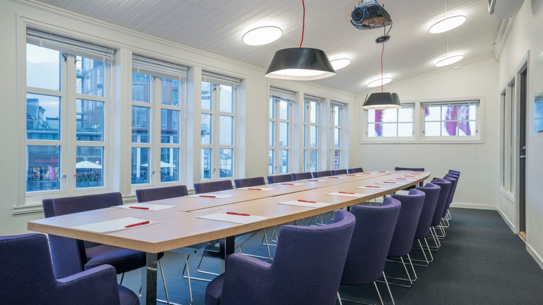 Meeting room with long table, windows with daylight and projector
