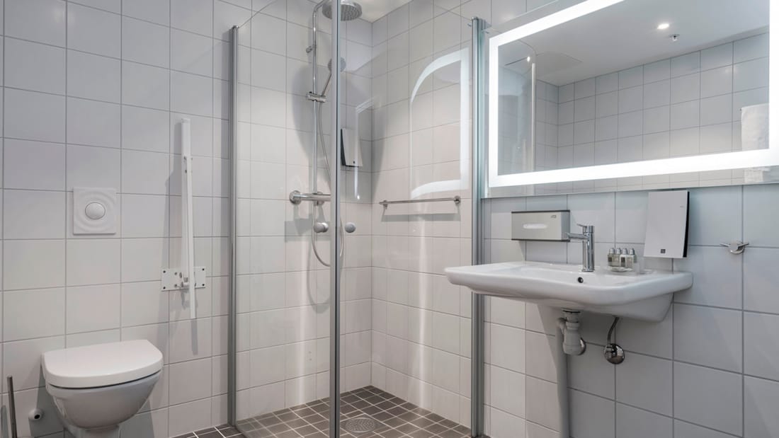 Badrum med väggfäst handtag vid toalett på Thon Hotel Lofoten i Svolvær