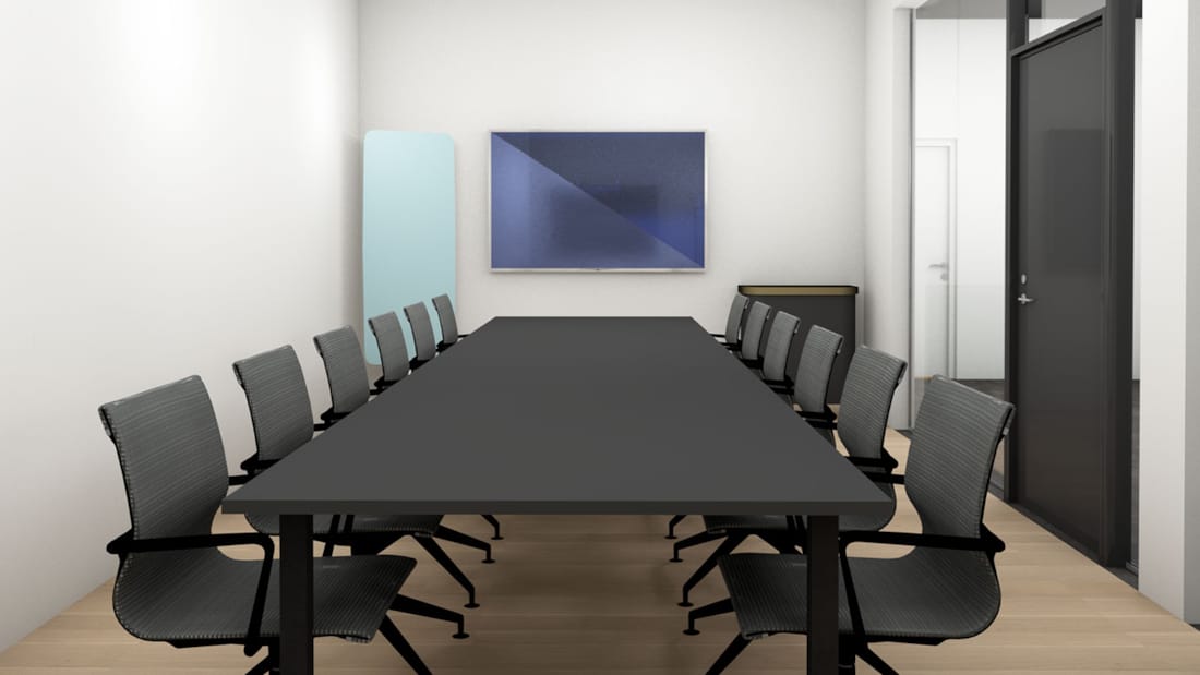 3D-illustration av ett mötesrum inrett med ett långt bord