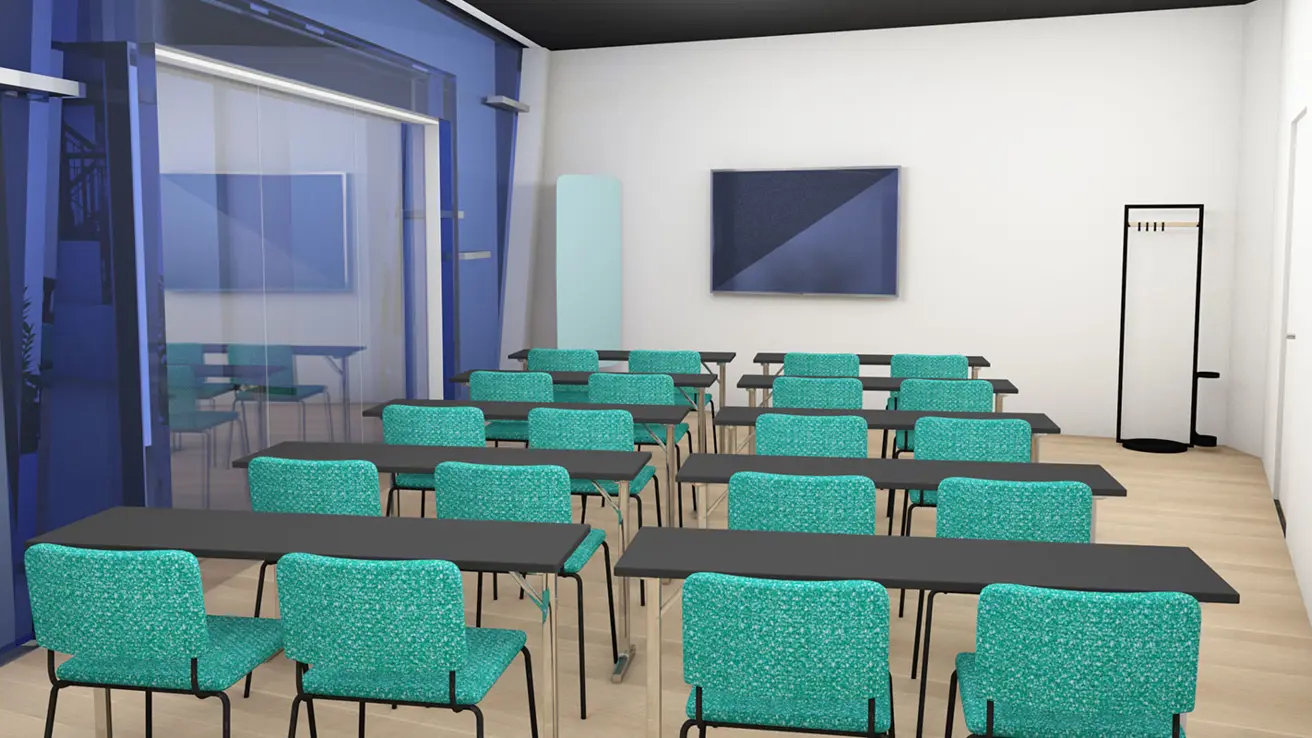 3D-Darstellung des Besprechungsraums im Klassenzimmer und Ausgang zur Terrasse