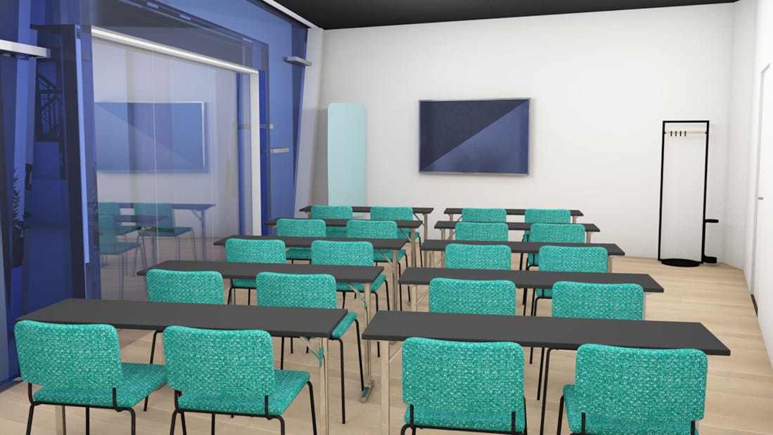 3D-illustratie van vergaderruimte in klaslokaalindeling en uitgang naar terras