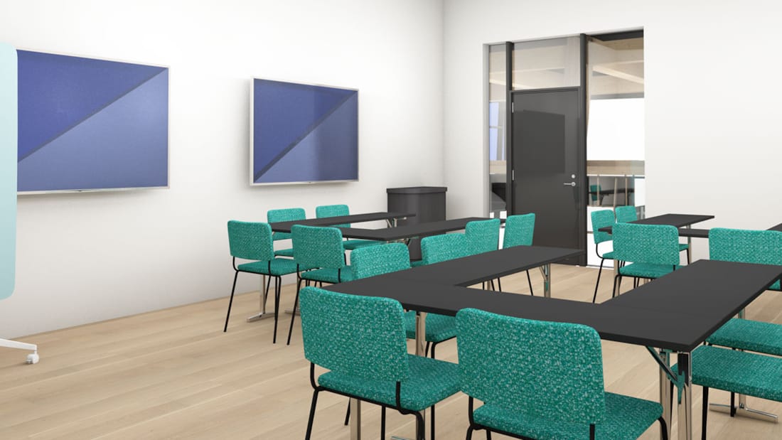3D-illustration av ett mötesrum i en uppställning med gruppbord
