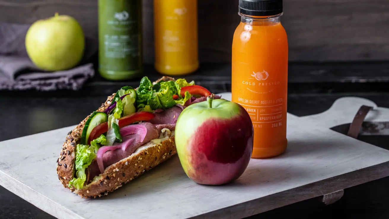 Baguette, eple og energishot