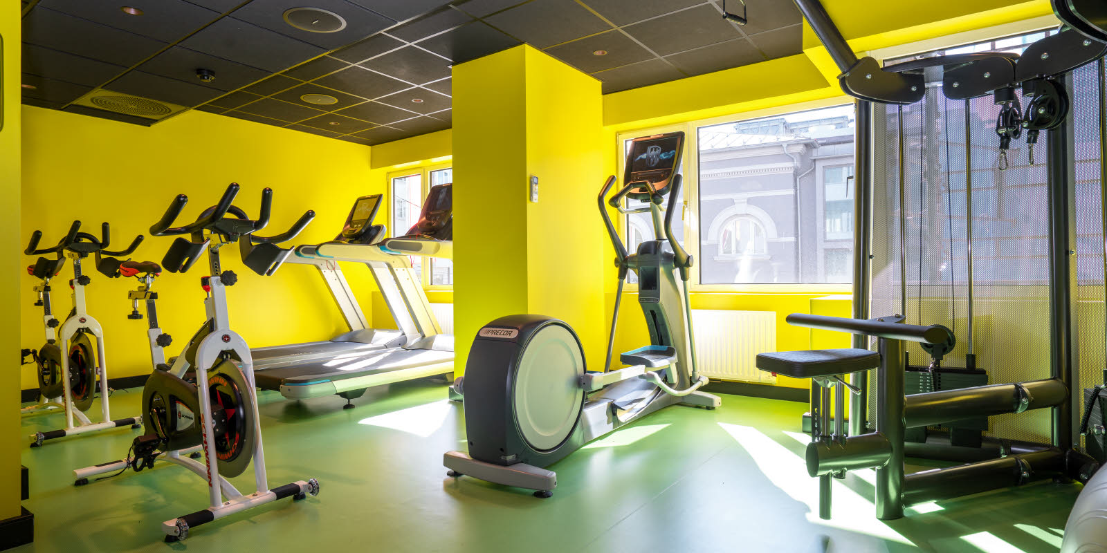 Treningsrom med spinningsykler, tredemølle og styrkeapparat