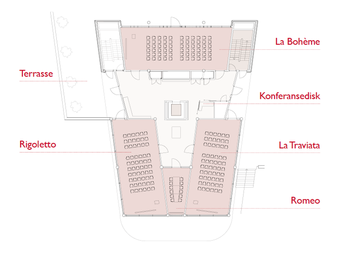 Plantegning over 2. etasje i Paviljongen på Thon Hotel Opera