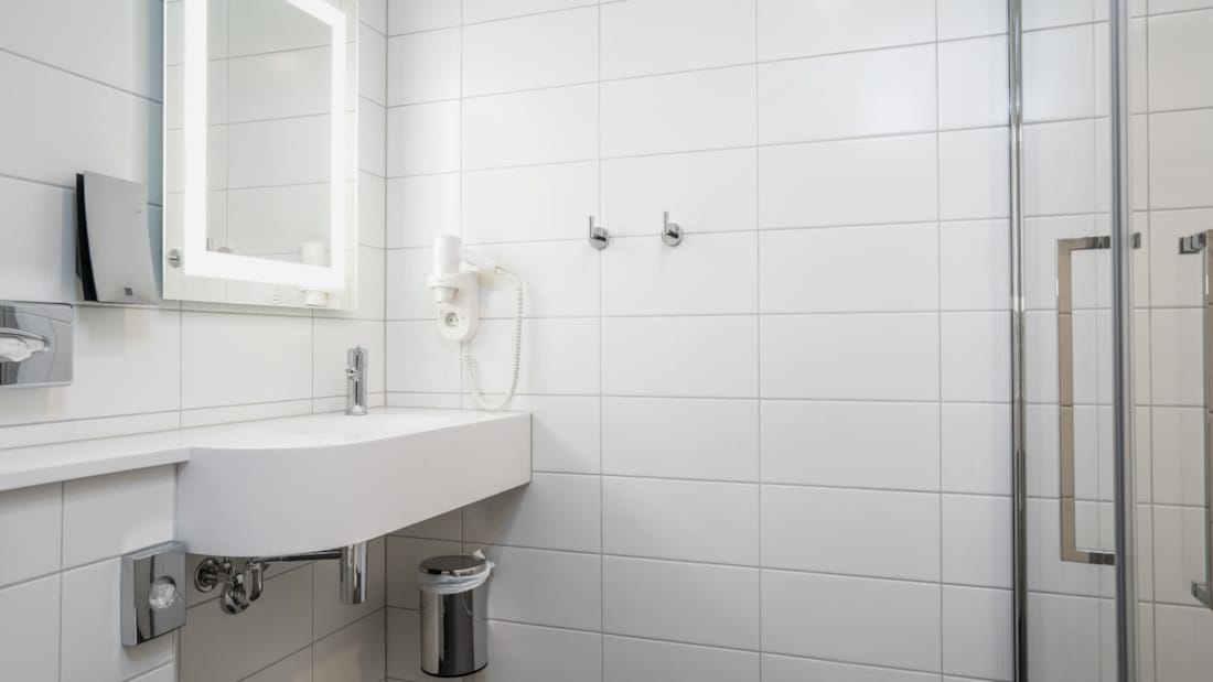 standard room double badrum med dusch, toalett och tvättställ