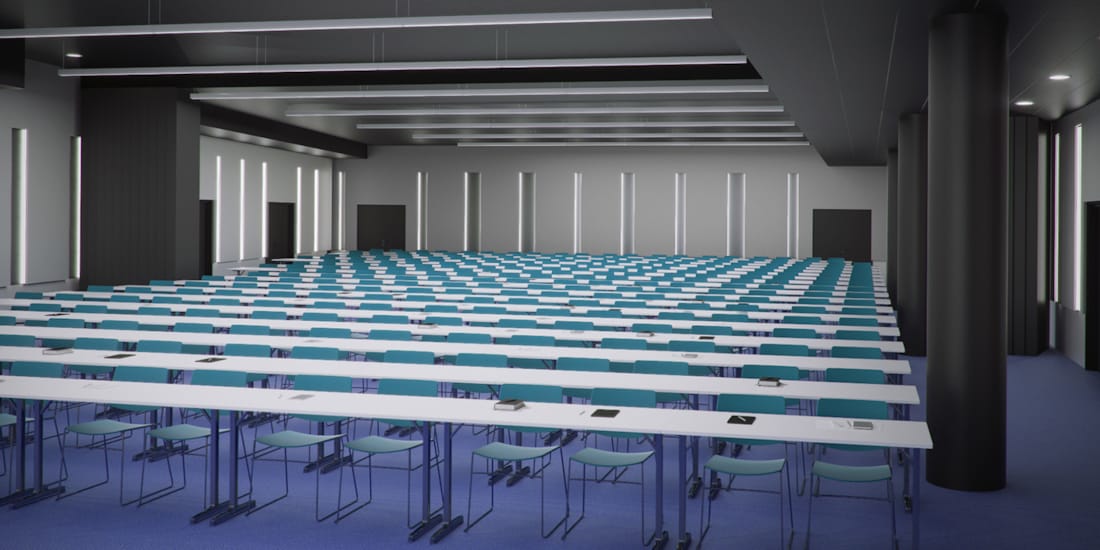 Plan de la moitié de la grande salle en configuration salle de classe