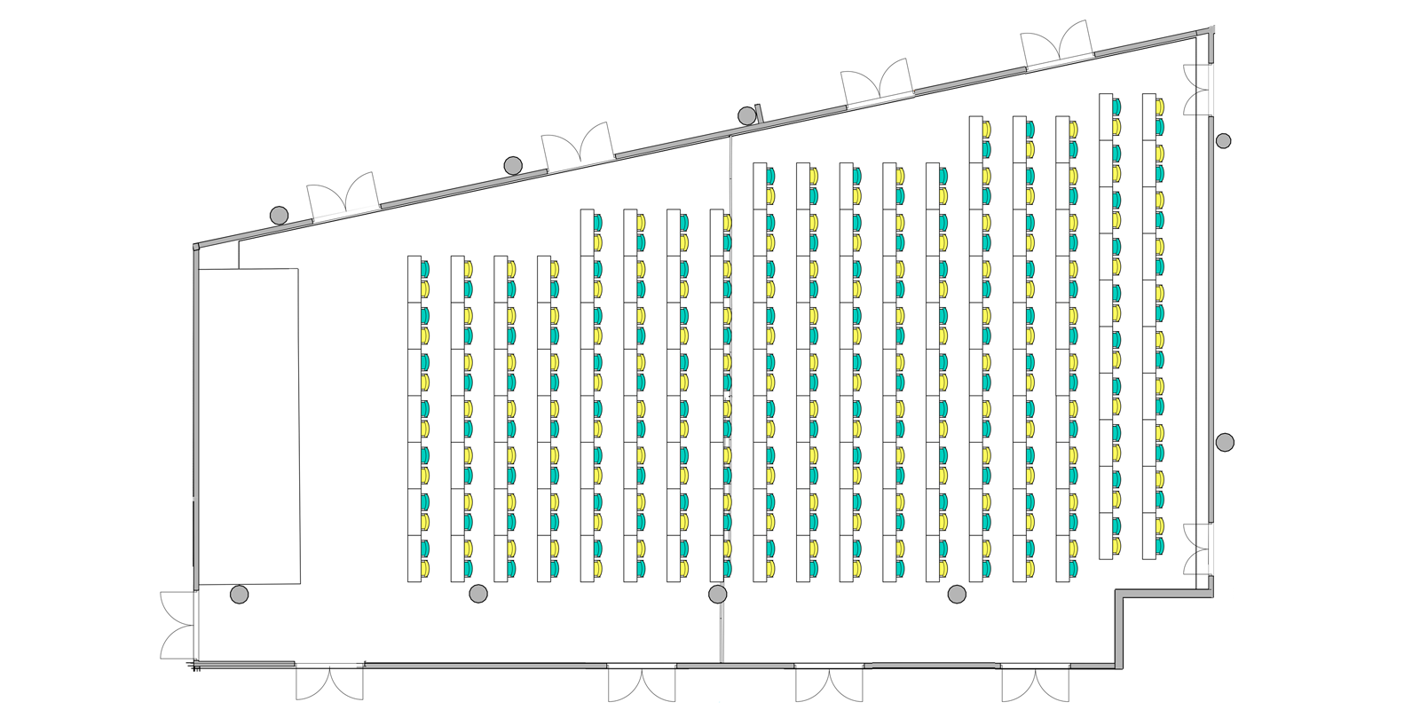 Plantegning over Storsalen med klasseværelsesopsætning