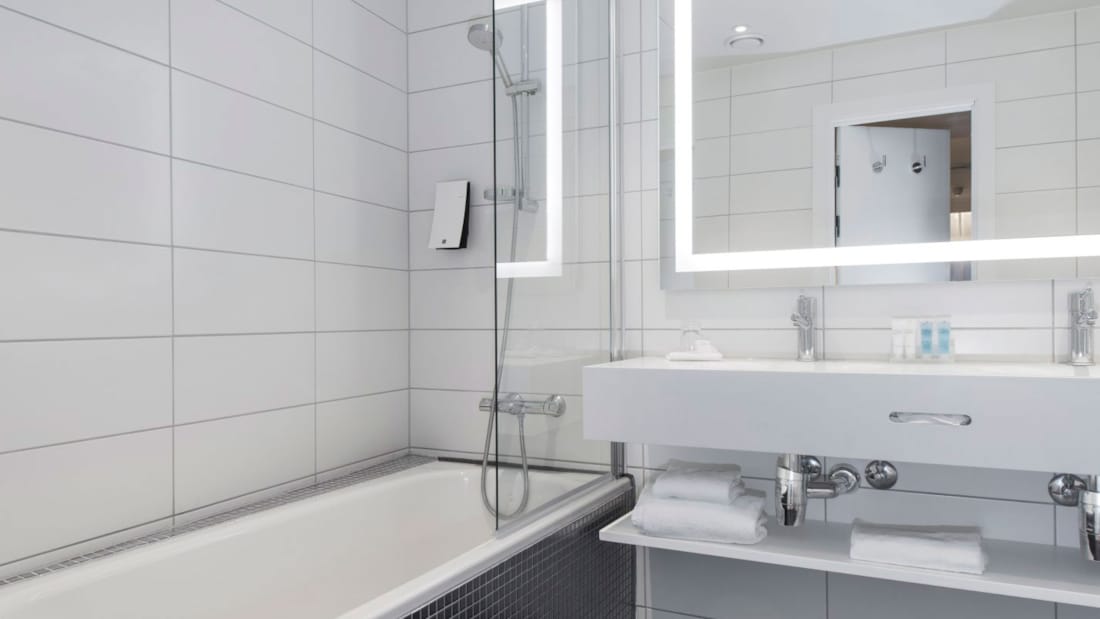 standard room double badeværelse med bruser og badekar, elegant servante med to vandhaner, oplyst spejl