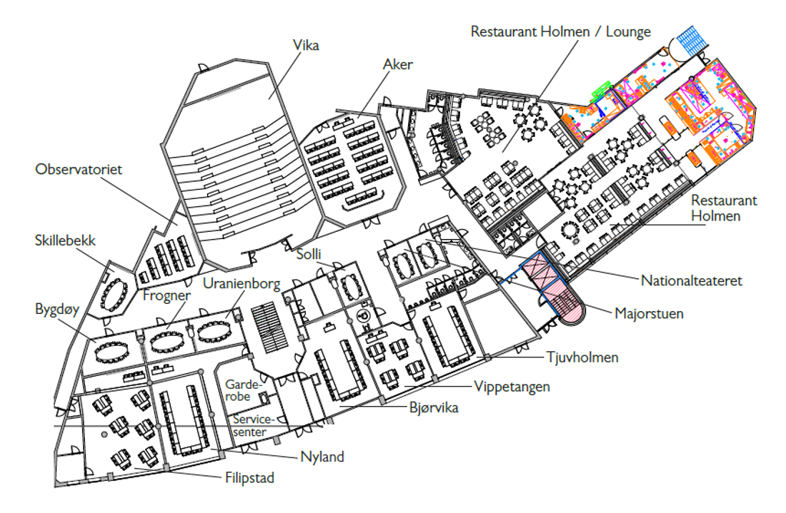Plantegning over underetasjen i konferanseavdelingen på Thon Hotel Vika Atrium
