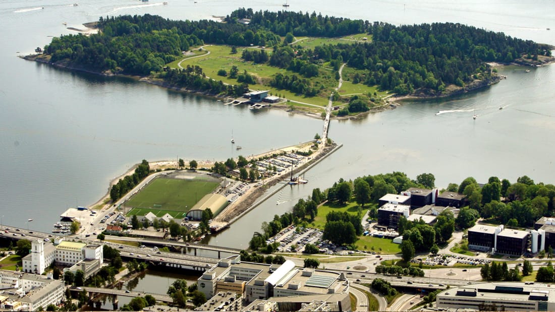 Luftfoto af Kadettangen og Kalvøya i Sandvika