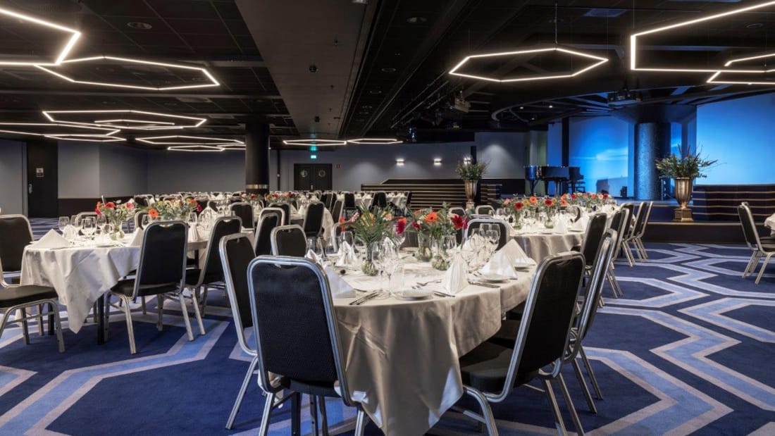 Large venue in banquet setup for events