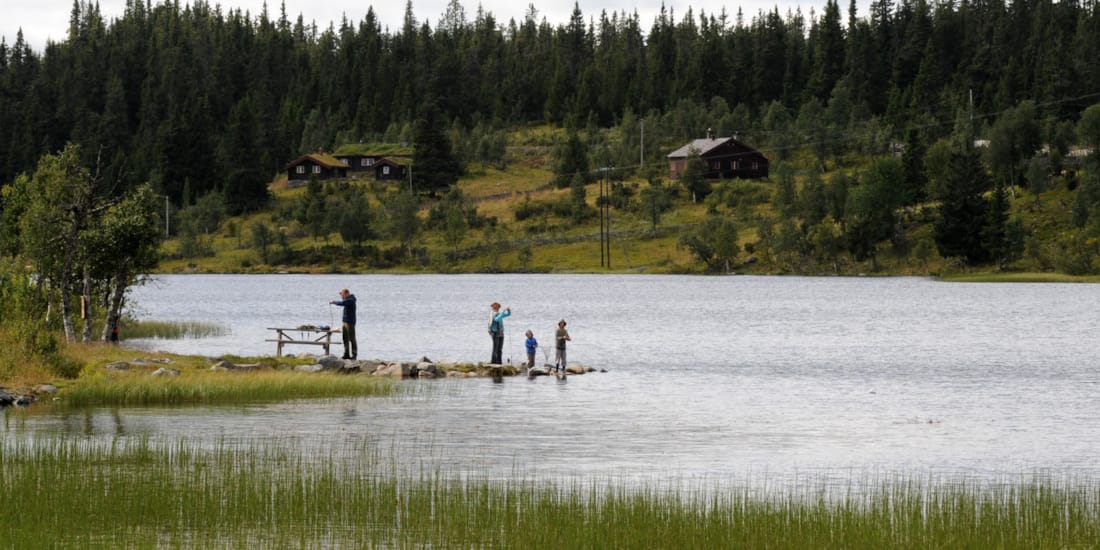 Auberge de montagne Austlid, famille qui pêche au lac en été près de Thon Hotel Skeikampen