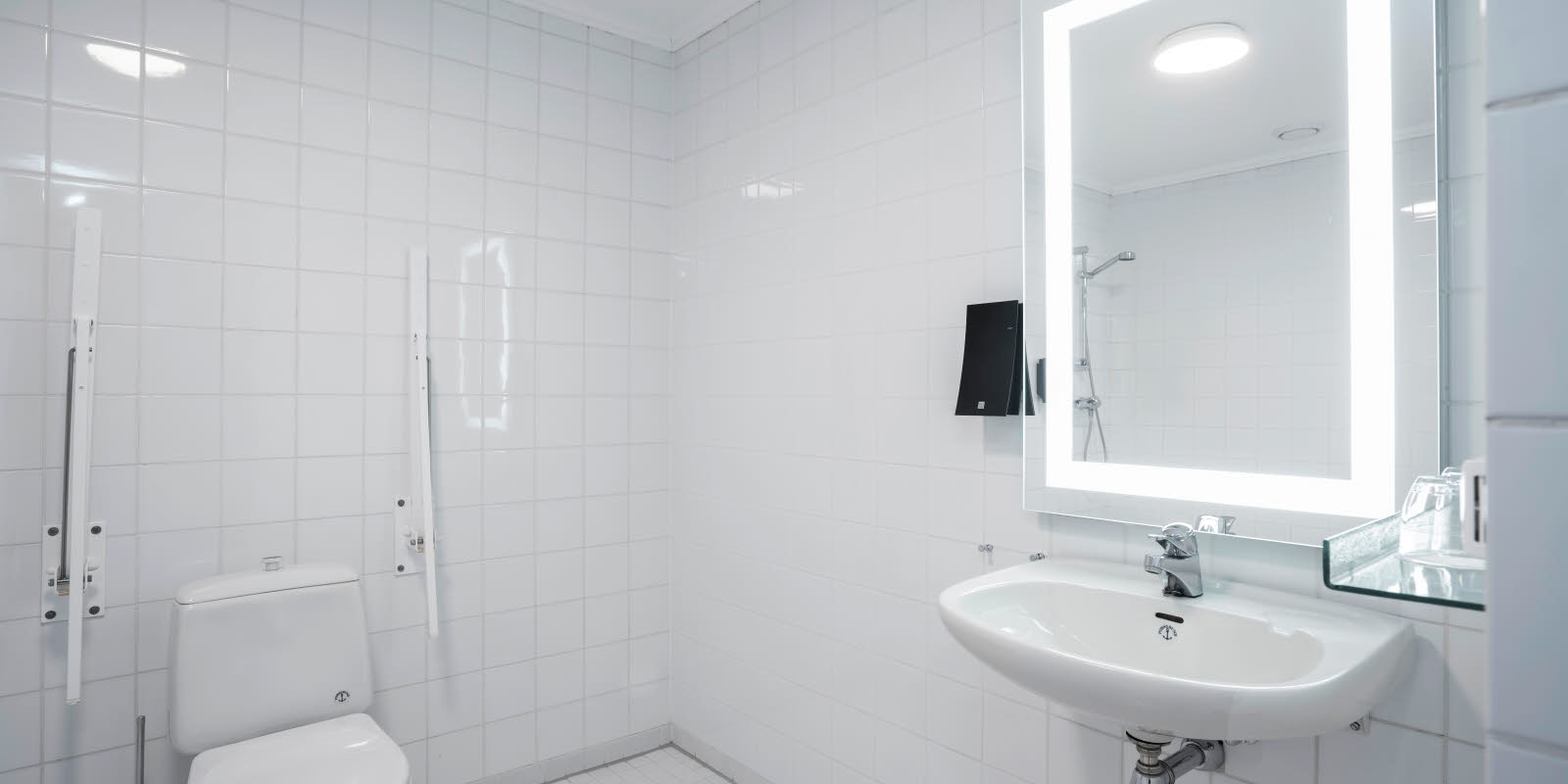 Toilette, Spiegel und Waschbecken 