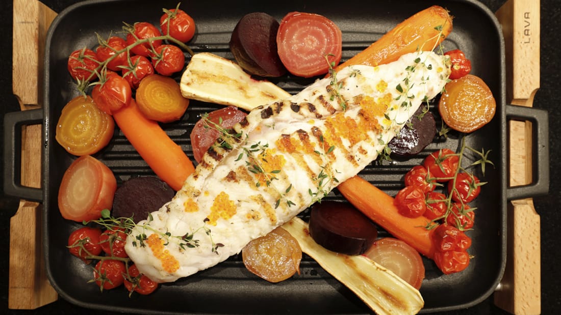 Local homemade Norwegian food is popular among tourists. Grilled monkfish with salmon roe, beets, parsnip and carrots.