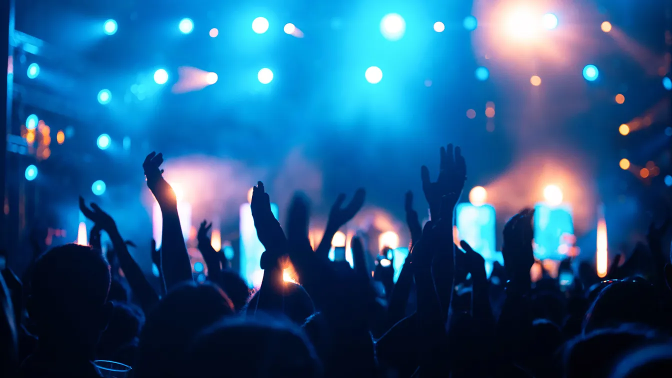 Konturen av människor med armarna i vädret på en konsert, sett bakifrån. 