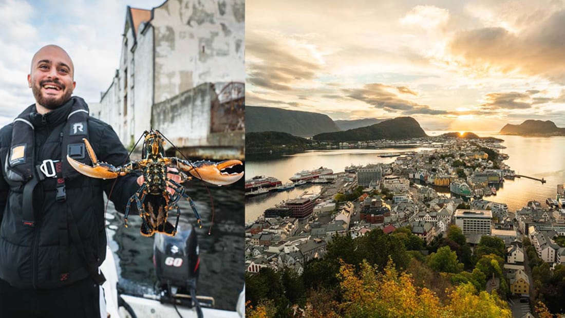 Collage med to bilder, hvor det ene viser en mann i våtdrakt som holder en krabbe, mens det andre bildet viser et oversiktsbilde av Ålesund by i solnedgang