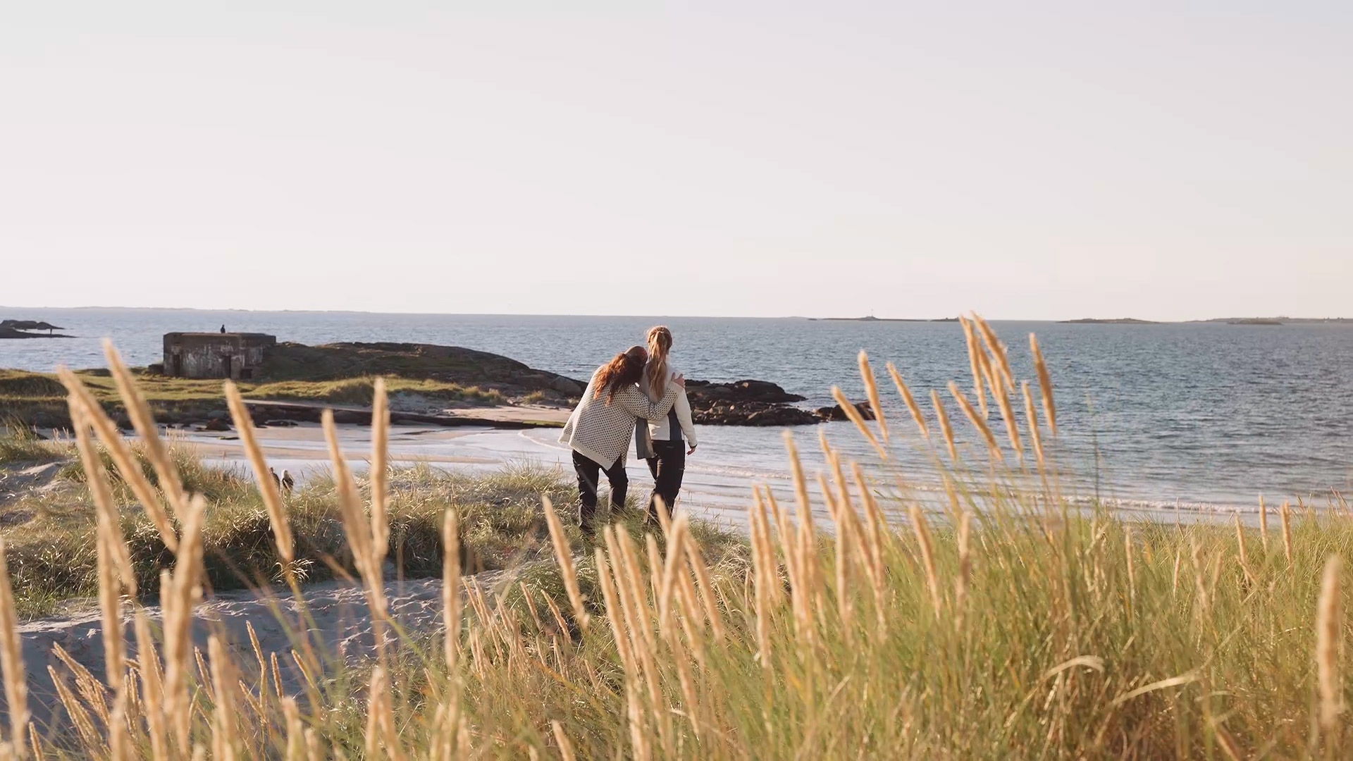 Un couple d’amis se promène le long de la plage près des herbes hautes.