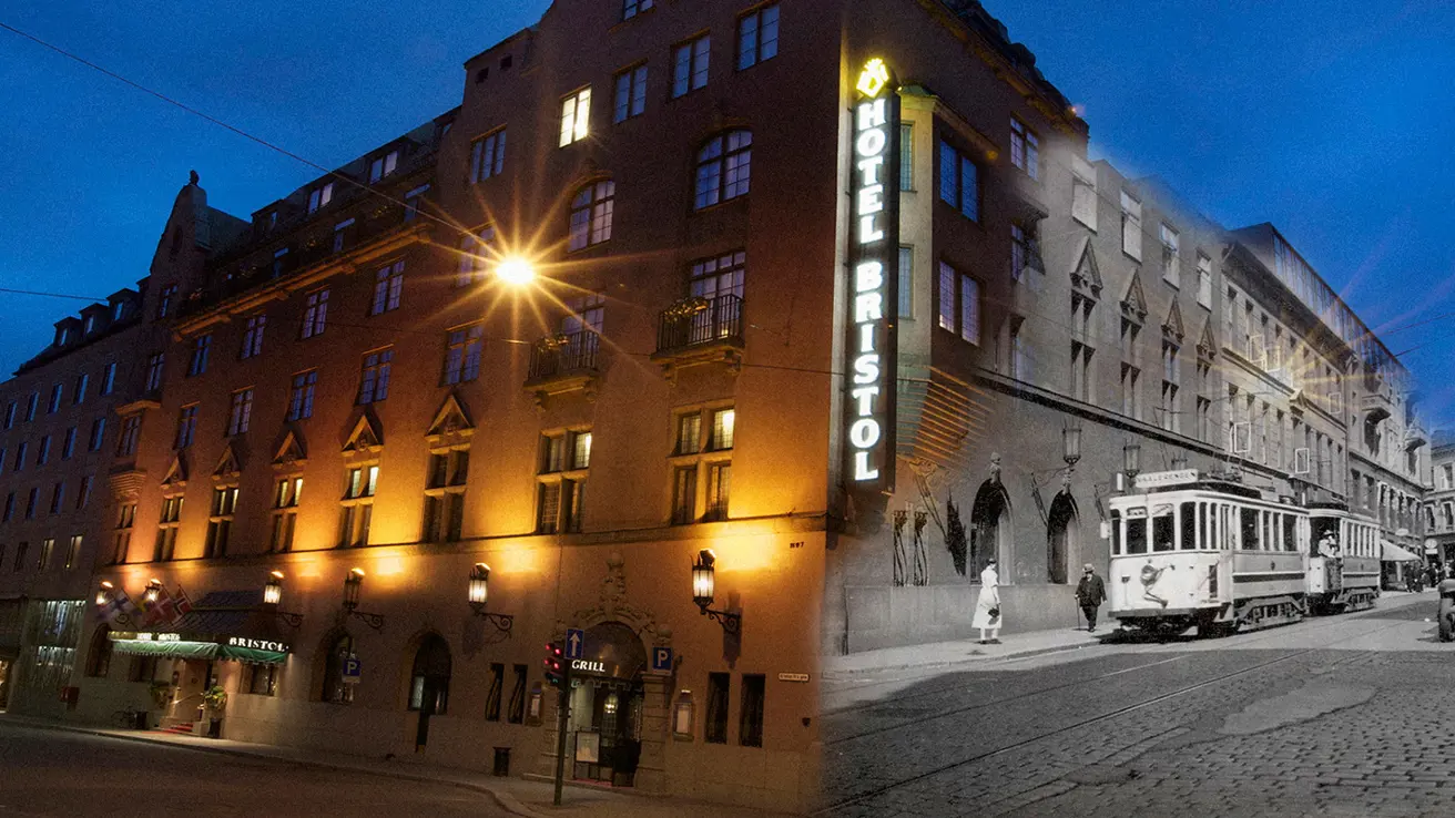 Fasaden på Hotel Bristol før og nå