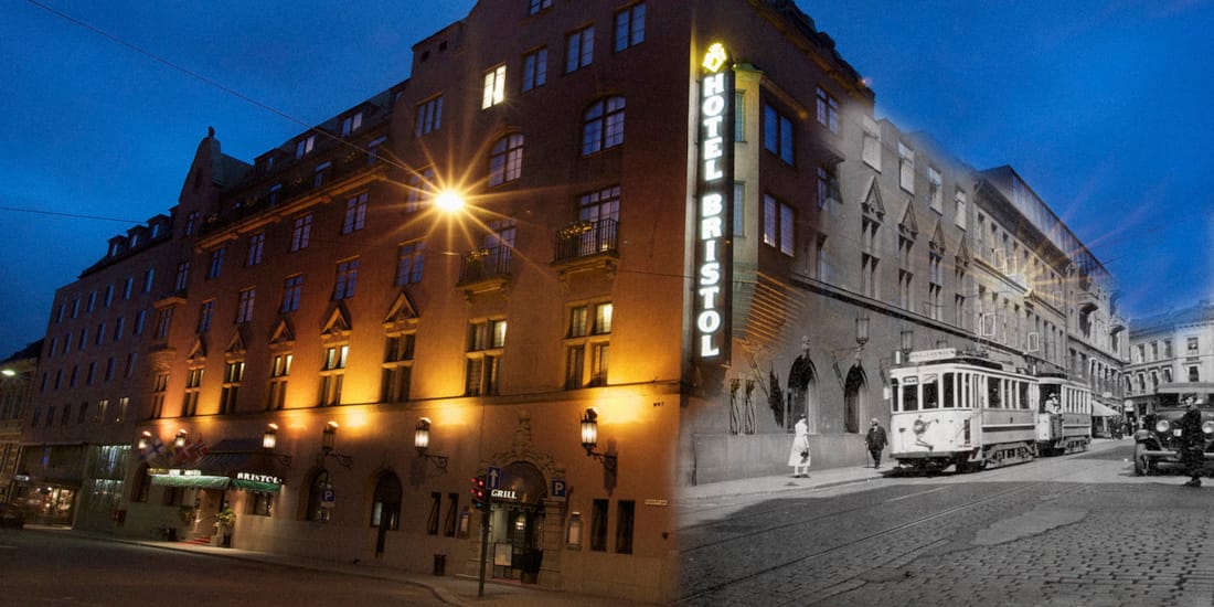 Die Fassade des Hotel Bristol früher und heute
