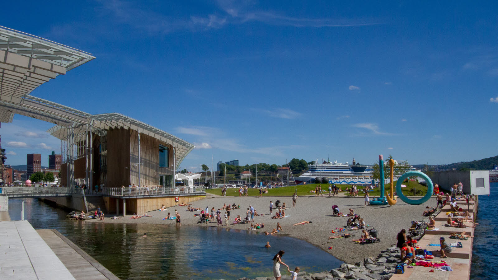 Menschen genießen das Leben am Wasser und am Strand im Osloer Stadtteil Tjuvholmen.