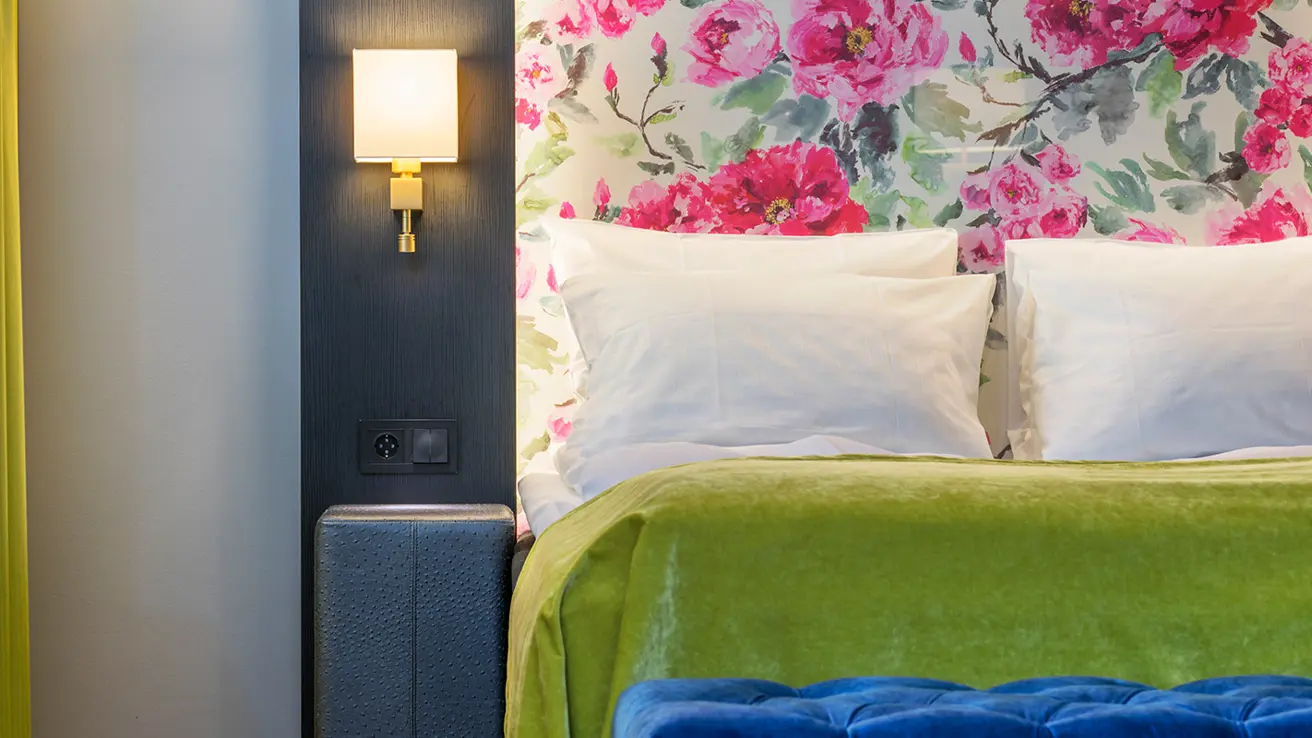 Bed in hotel room